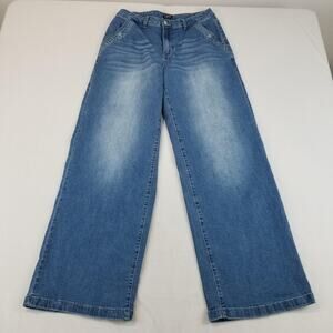 Flamingals Jeans Womens Large Blue Wide Leg High Rise Stretch Denim Pants Casual